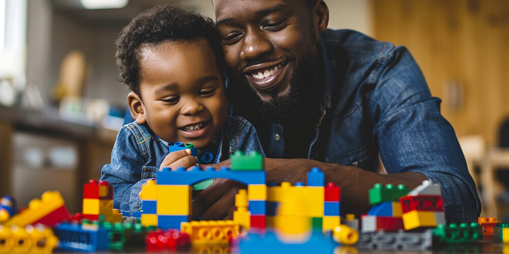 a dad and boy Building with Legos