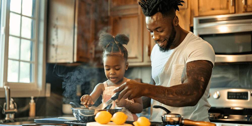 a dad cooking with his daughter having fun