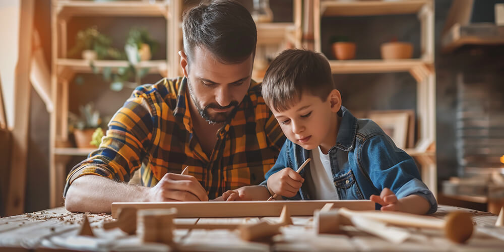 a dad doing woodwork with his son