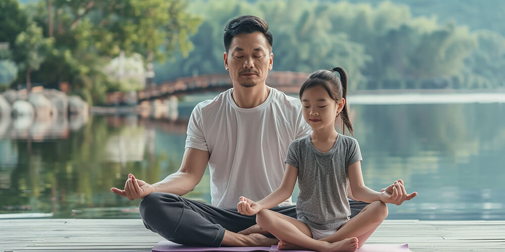 a dad doing yoga with his daughter