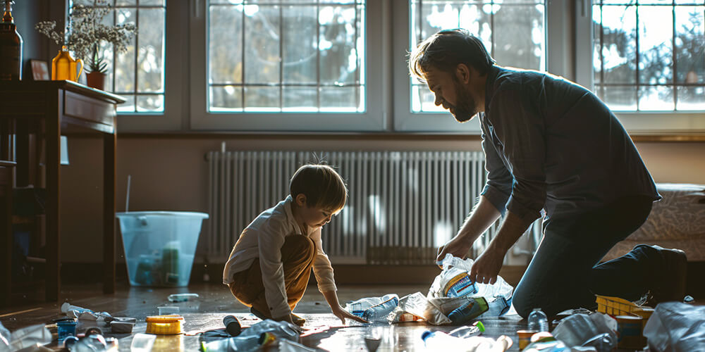 a dad picking up trash from the floor, the son is next to it