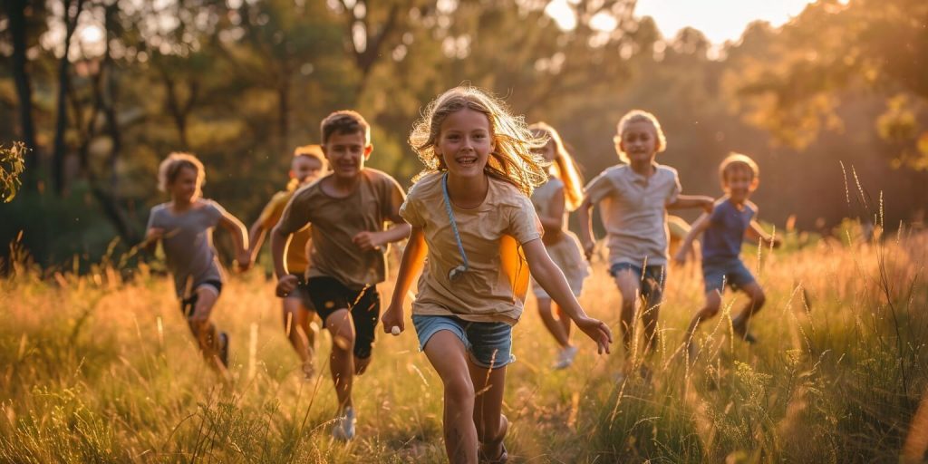 a group of kids playing tag