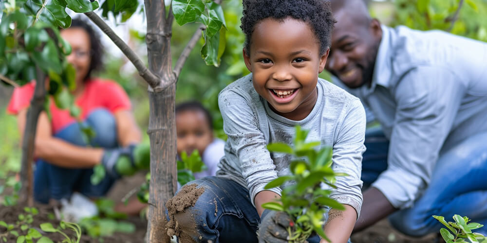 a kid doing community service with their parents