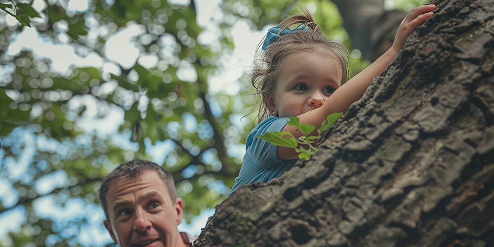 a photo of dad a daughter climbing a tree at the park