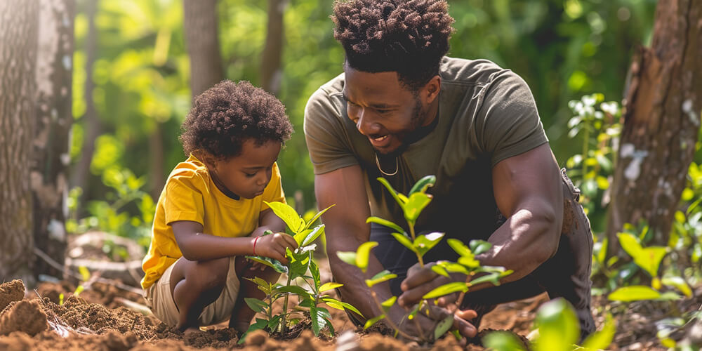 dad and kid planting trees