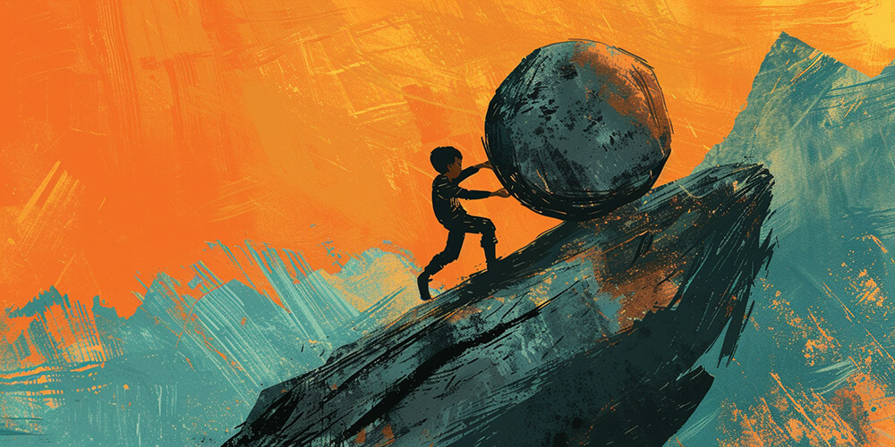 illustration of a kid pushing a big rock up the mountain symbol of grit