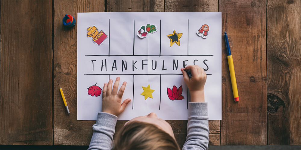 kid writing on the thankfulness chart