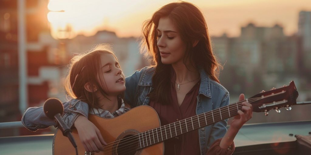 mom and daughter singing songs at the rooftop