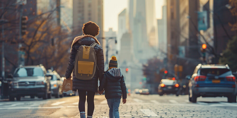 woman walking with her kid that is 8 years old. They are in the city